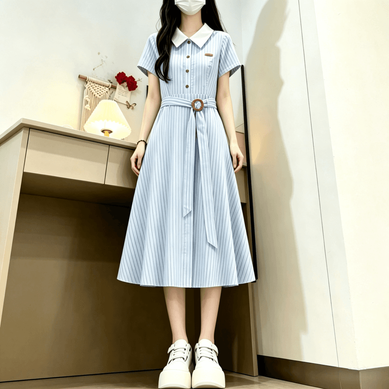 한 부서 폴로 칼라 파란색 체크무늬 여성 드레스 여름 해변가 휴가 치마 고급 센스 스트랩 허리 수축 품격 롱 스커트