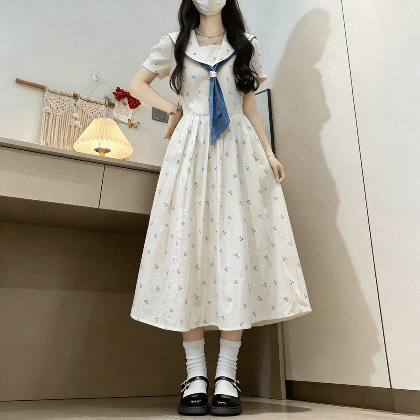 학원 스타일 2026 새로운 달콤함 해군 칼라 이중층 칼라 프린트 허리 수축 부서 벨트 드레스