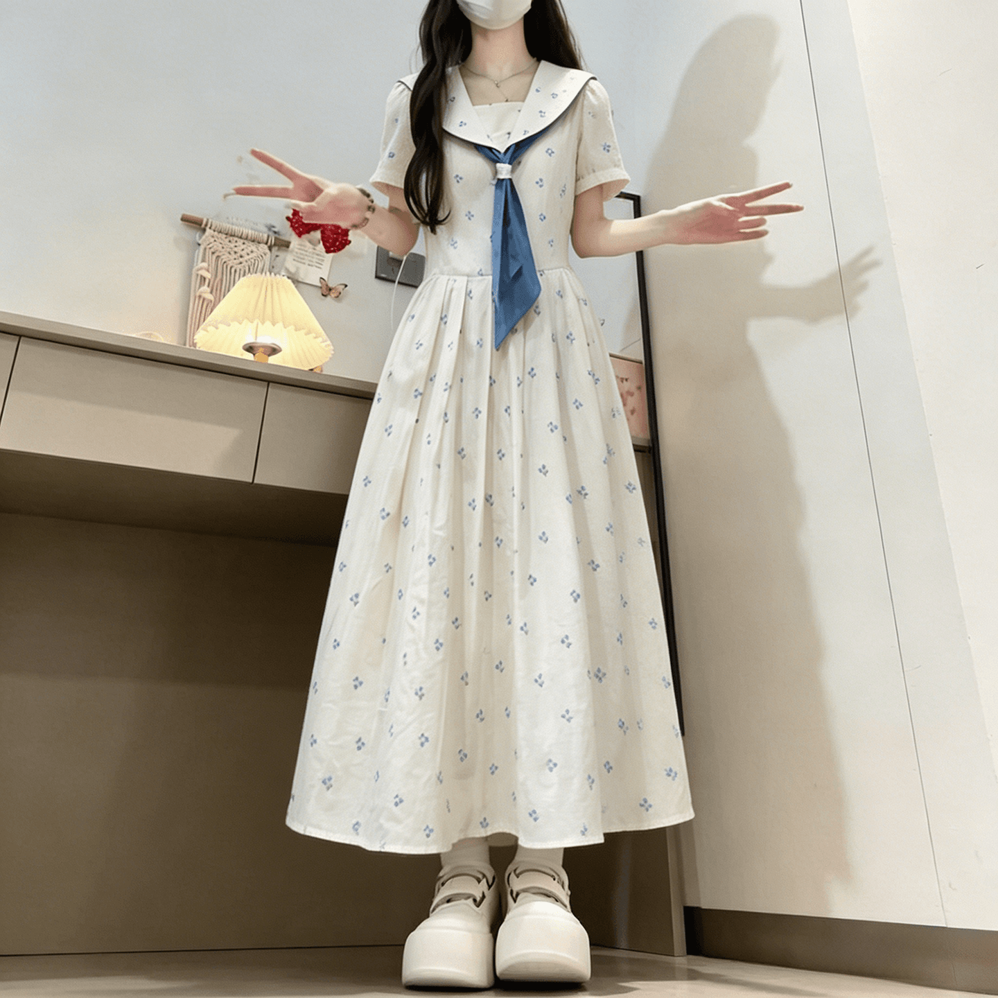 학원 스타일 2026 새로운 달콤함 해군 칼라 이중층 칼라 프린트 허리 수축 부서 벨트 드레스 이미지 5