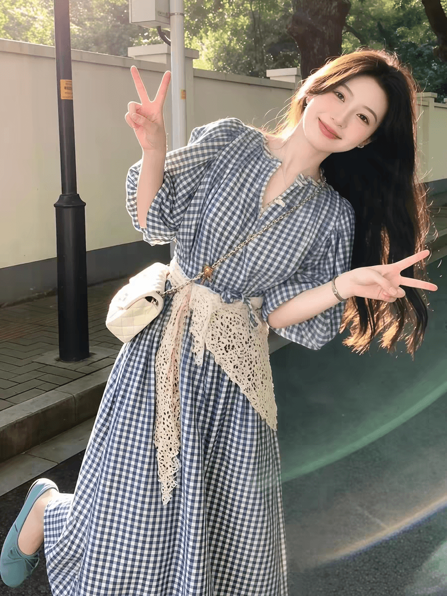 순수한 하얀 달빛 달콤한 스타일 파란색 체크무늬 여성 드레스 여름 일본식 미니멀리즘 학원 스타일 요정 치마 이미지 2