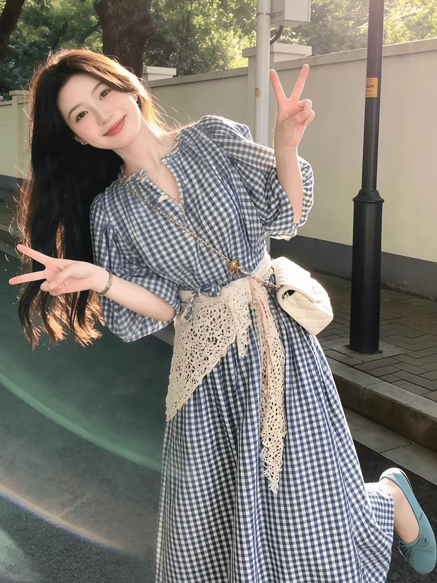 순수한 하얀 달빛 달콤한 스타일 파란색 체크무늬 여성 드레스 여름 일본식 미니멀리즘 학원 스타일 요정 치마 이미지 3