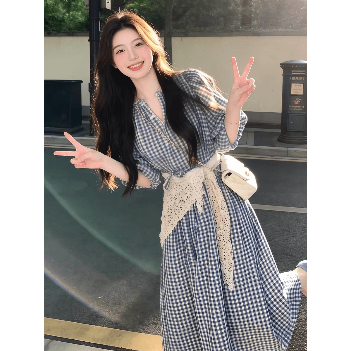 순수한 하얀 달빛 달콤한 스타일 파란색 체크무늬 여성 드레스 여름 일본식 미니멀리즘 학원 스타일 요정 치마 이미지 5