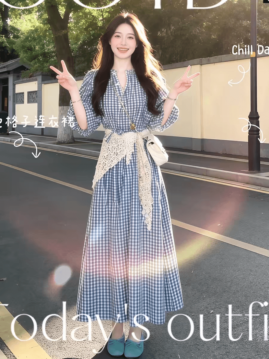 순수한 하얀 달빛 달콤한 스타일 파란색 체크무늬 여성 드레스 여름 일본식 미니멀리즘 학원 스타일 요정 치마 상세 이미지 3