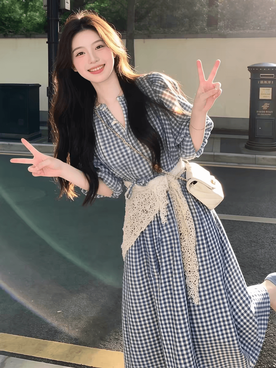 순수한 하얀 달빛 달콤한 스타일 파란색 체크무늬 여성 드레스 여름 일본식 미니멀리즘 학원 스타일 요정 치마 상세 이미지 6
