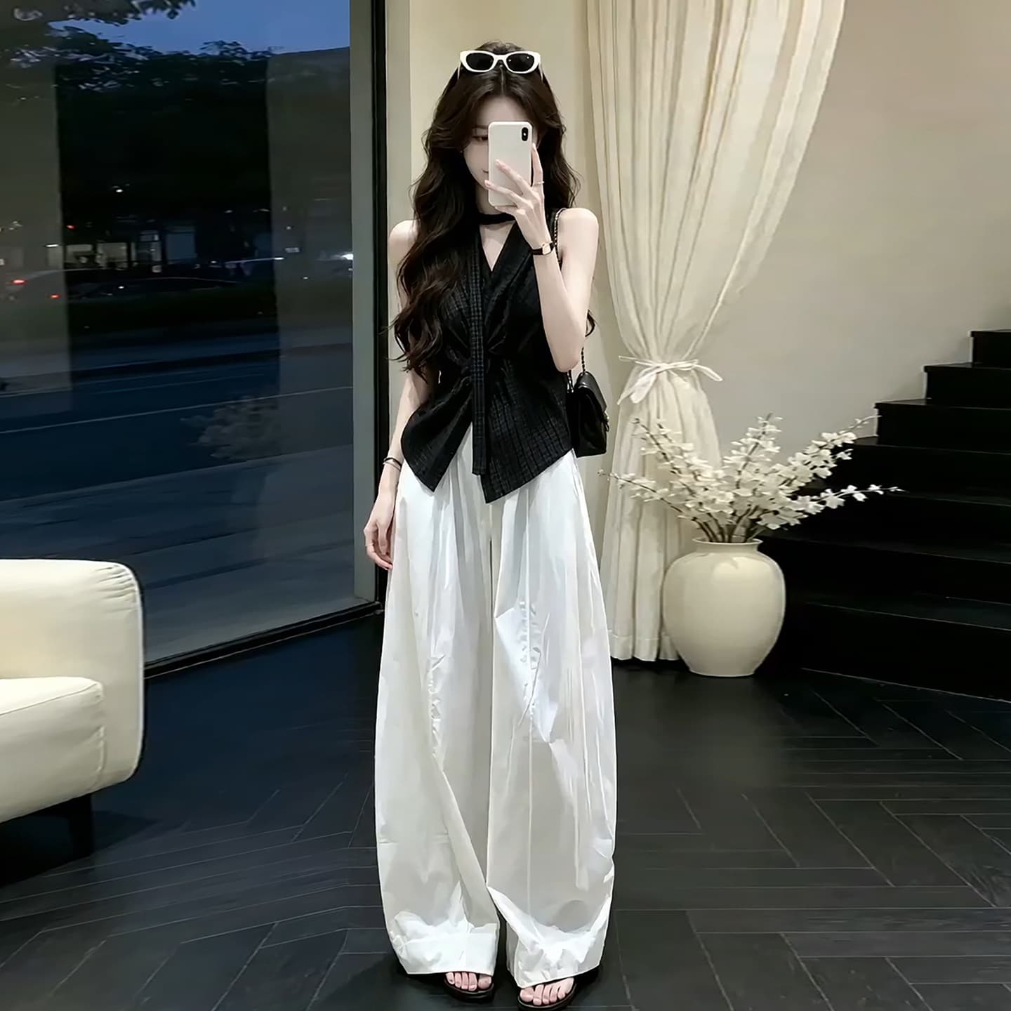 프랑스식 느긋한 바람 체크무늬 민소매 조끼 맨위 여성 여름 새로운 하이웨이스트 와이드 레그 팬츠 패션 투피스 슈트 상세 이미지 4