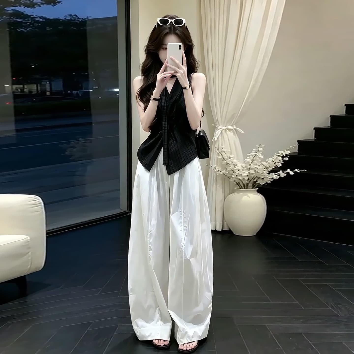 프랑스식 느긋한 바람 체크무늬 민소매 조끼 맨위 여성 여름 새로운 하이웨이스트 와이드 레그 팬츠 패션 투피스 슈트 상세 이미지 7