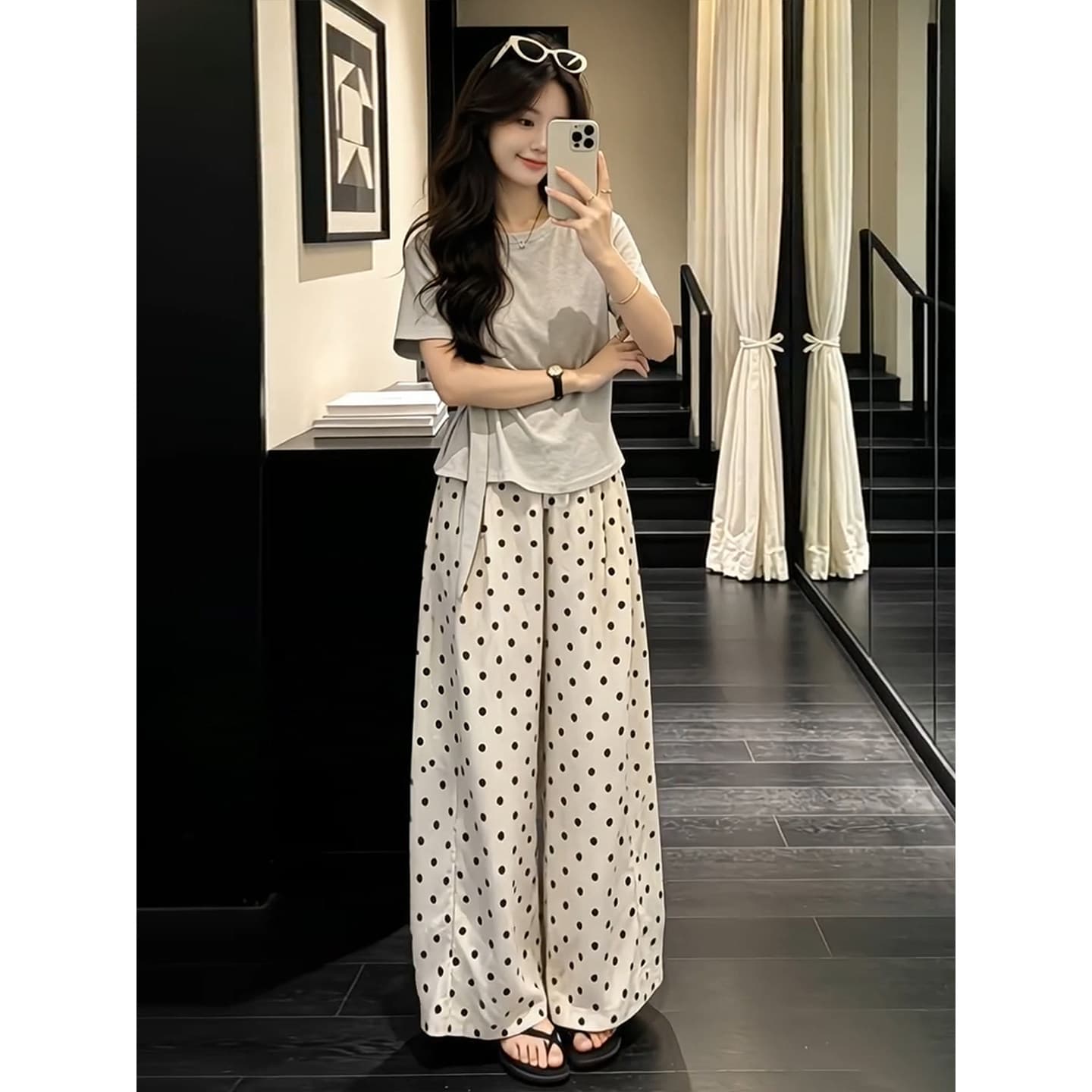 자이언트 잘 생긴 ootd 착용 가져 가라. 전체 집합 2026 새로운 회색 반팔 티셔츠 여성 여름 와이드 팬츠 투피스 슈트 상세 이미지 9