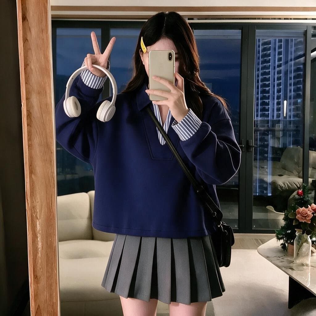 새로운 가을 체크무늬 페이크 레이어드 패치워크 미니멀리즘 후드티 학원 스타일 풀오버 다용도 소녀 센스 여성 셔츠 상세 이미지 2