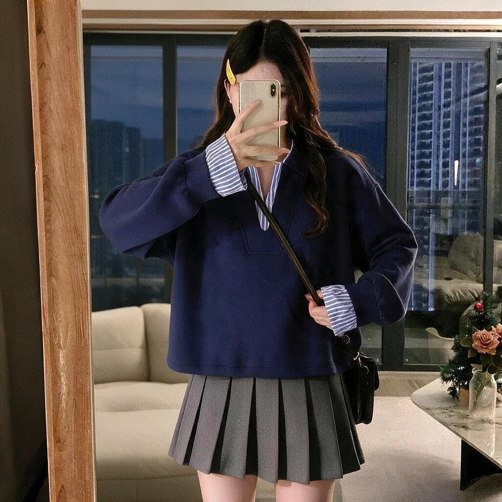 새로운 가을 체크무늬 페이크 레이어드 패치워크 미니멀리즘 후드티 학원 스타일 풀오버 다용도 소녀 센스 여성 셔츠 상세 이미지 9