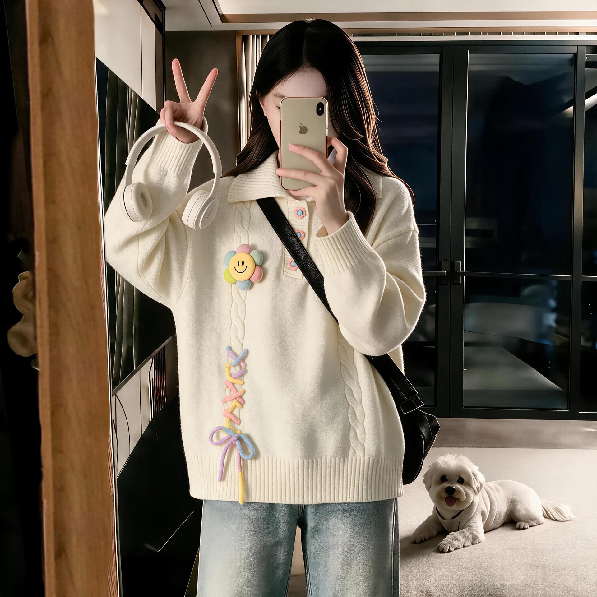 작은 청신 학원 스타일 POLO 칼라 스웨터 여자 가을 겨울 새로운 루즈핏 디자인 센스 연령 감소 니트 스웨터 상세 이미지 6