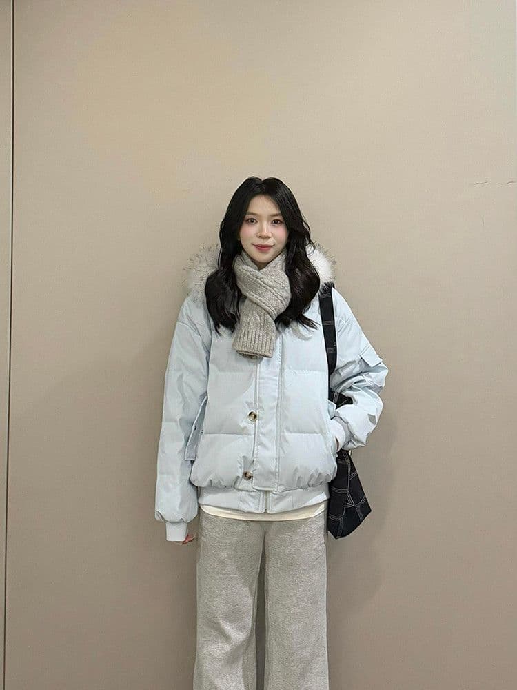 달콤함 부드러운 바람 파란색 후드 모피 칼라 면 의류 재킷 보온 다용도 캐주얼 두꺼운 루즈핏 느긋한 면 옷 트렌디 상세 이미지 14