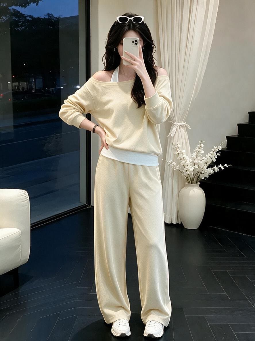 연령 감소 페이크 레이어드 오프숄더 후드티 패션 세트 여성 가을 슈퍼 화재 캐주얼 와이드 레그 팬츠 투피스 세트 이미지 2