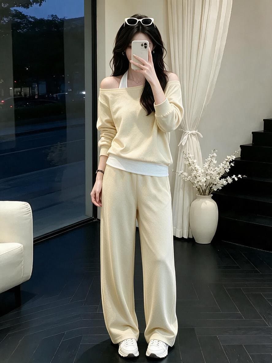 연령 감소 페이크 레이어드 오프숄더 후드티 패션 세트 여성 가을 슈퍼 화재 캐주얼 와이드 레그 팬츠 투피스 세트 상세 이미지 3