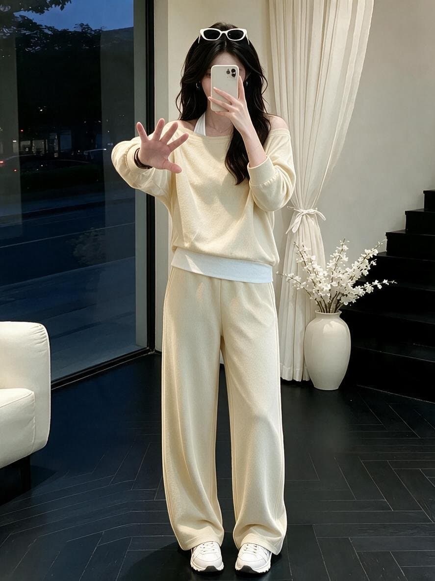 연령 감소 페이크 레이어드 오프숄더 후드티 패션 세트 여성 가을 슈퍼 화재 캐주얼 와이드 레그 팬츠 투피스 세트 상세 이미지 4