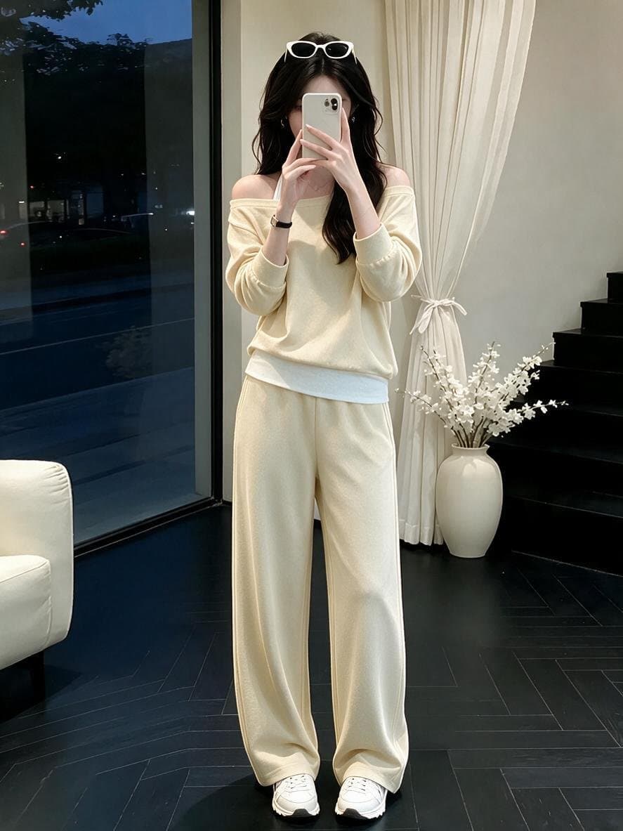 연령 감소 페이크 레이어드 오프숄더 후드티 패션 세트 여성 가을 슈퍼 화재 캐주얼 와이드 레그 팬츠 투피스 세트 상세 이미지 6