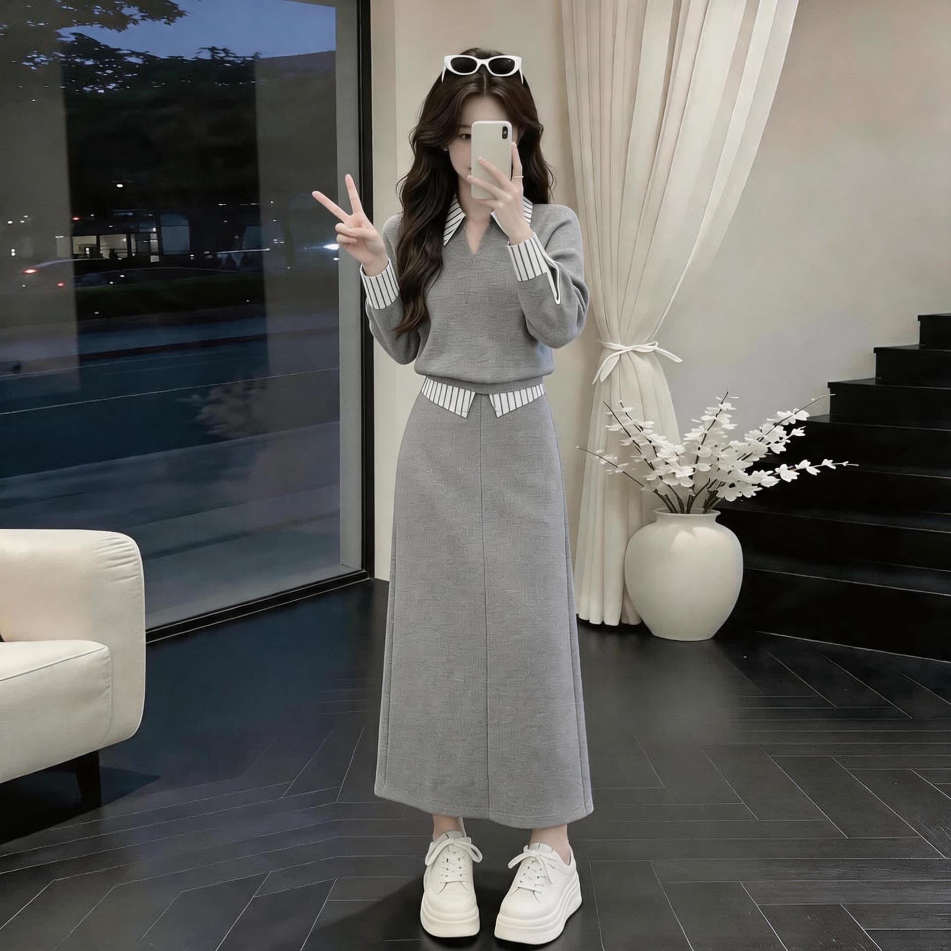 2026 슈퍼 화재 봄 드레스 전체 집합 아름다운 고유 한 페이크 레이어드 후드티 반신 스커트 캐주얼 품격 투피스 슈트 여성 이미지 5
