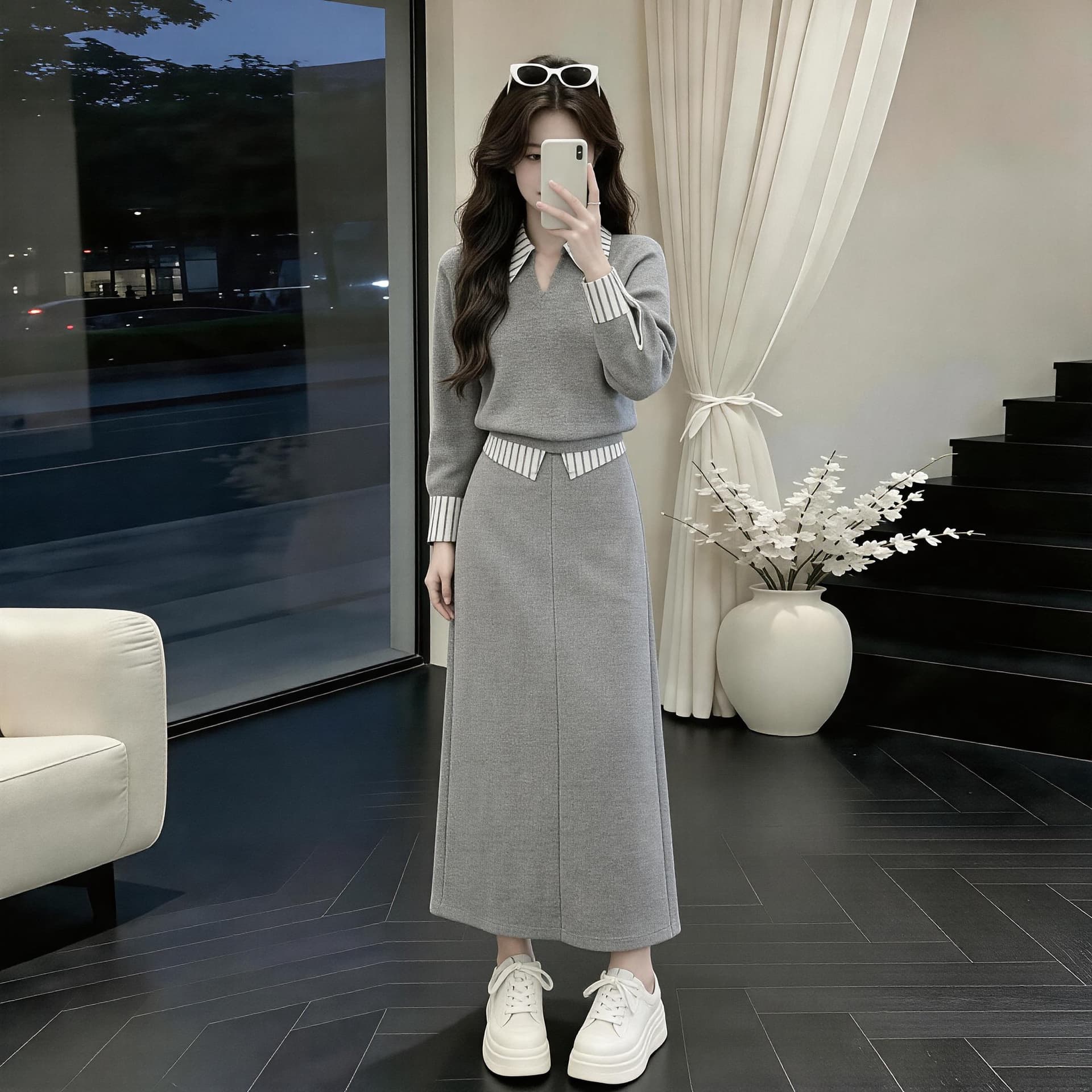 2026 슈퍼 화재 봄 드레스 전체 집합 아름다운 고유 한 페이크 레이어드 후드티 반신 스커트 캐주얼 품격 투피스 슈트 여성 상세 이미지 5