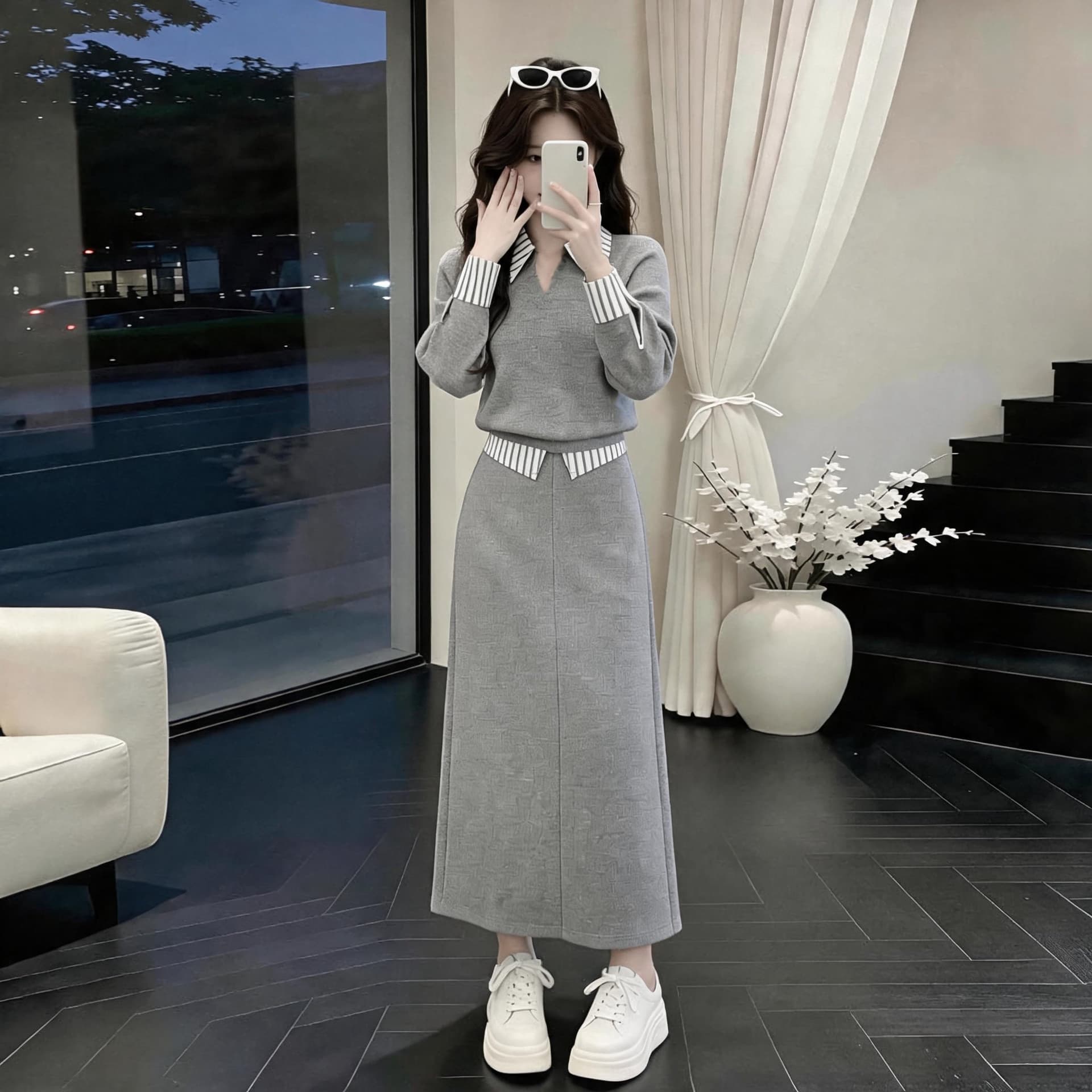 2026 슈퍼 화재 봄 드레스 전체 집합 아름다운 고유 한 페이크 레이어드 후드티 반신 스커트 캐주얼 품격 투피스 슈트 여성 상세 이미지 8