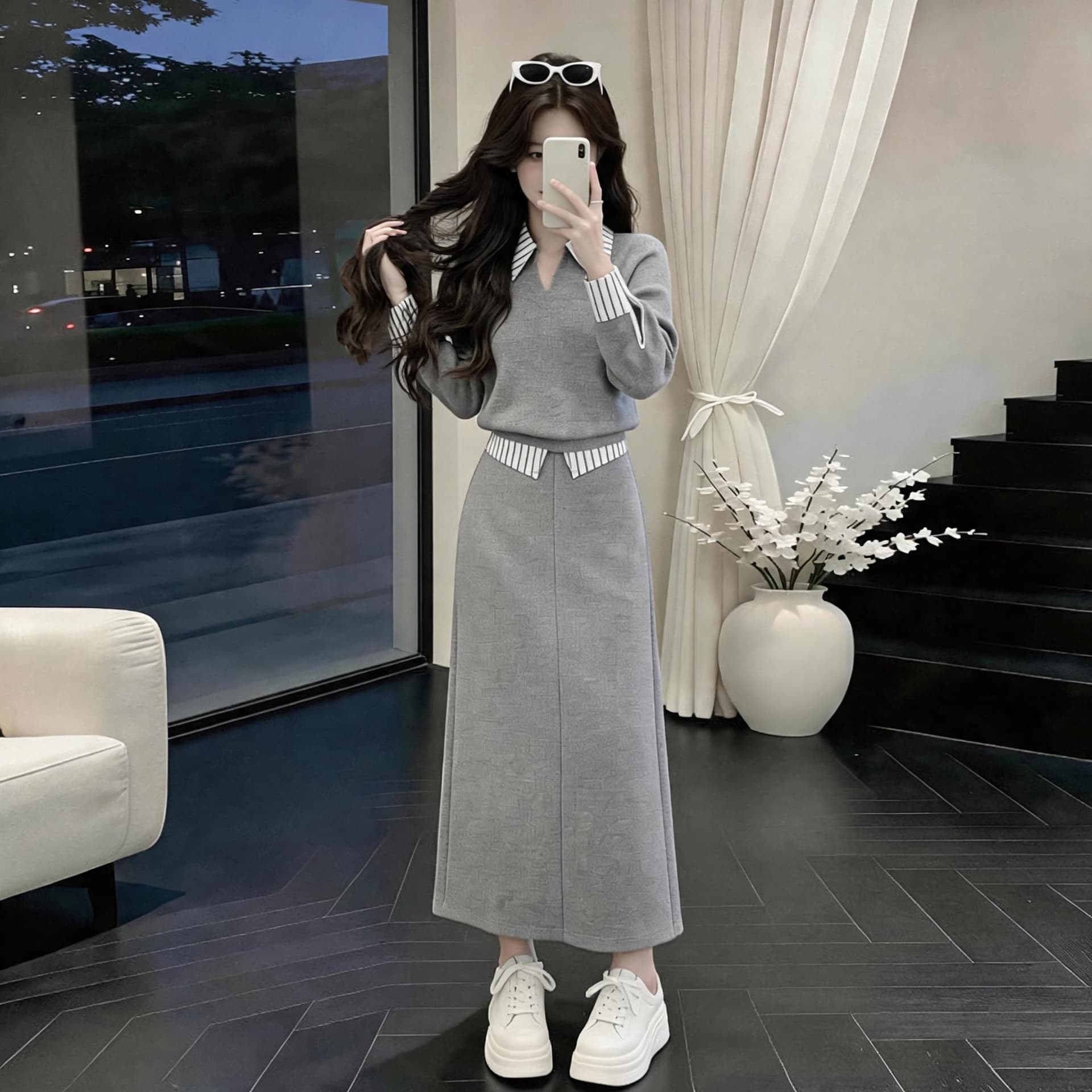 2026 슈퍼 화재 봄 드레스 전체 집합 아름다운 고유 한 페이크 레이어드 후드티 반신 스커트 캐주얼 품격 투피스 슈트 여성 상세 이미지 9