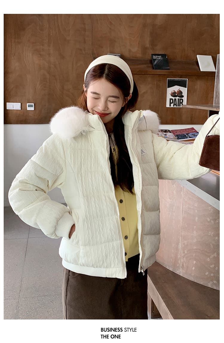 실사 작은 키 니트 면 옷 우 버섯 부드러운 다용도 트위스트 꽃 모직물 패치워크 후드 모피 칼라 허리 수축 면 의류 상세 이미지 21
