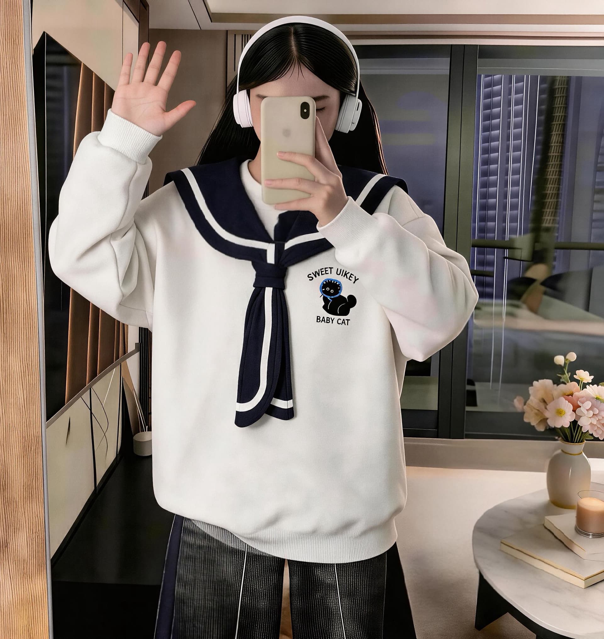 학원 스타일 해군 칼라 연령 감소 자수 고양이 후드티 여성 가을 한 부서 달콤함 우유 乖離 부드러운 자매 바람 긴팔 맨위