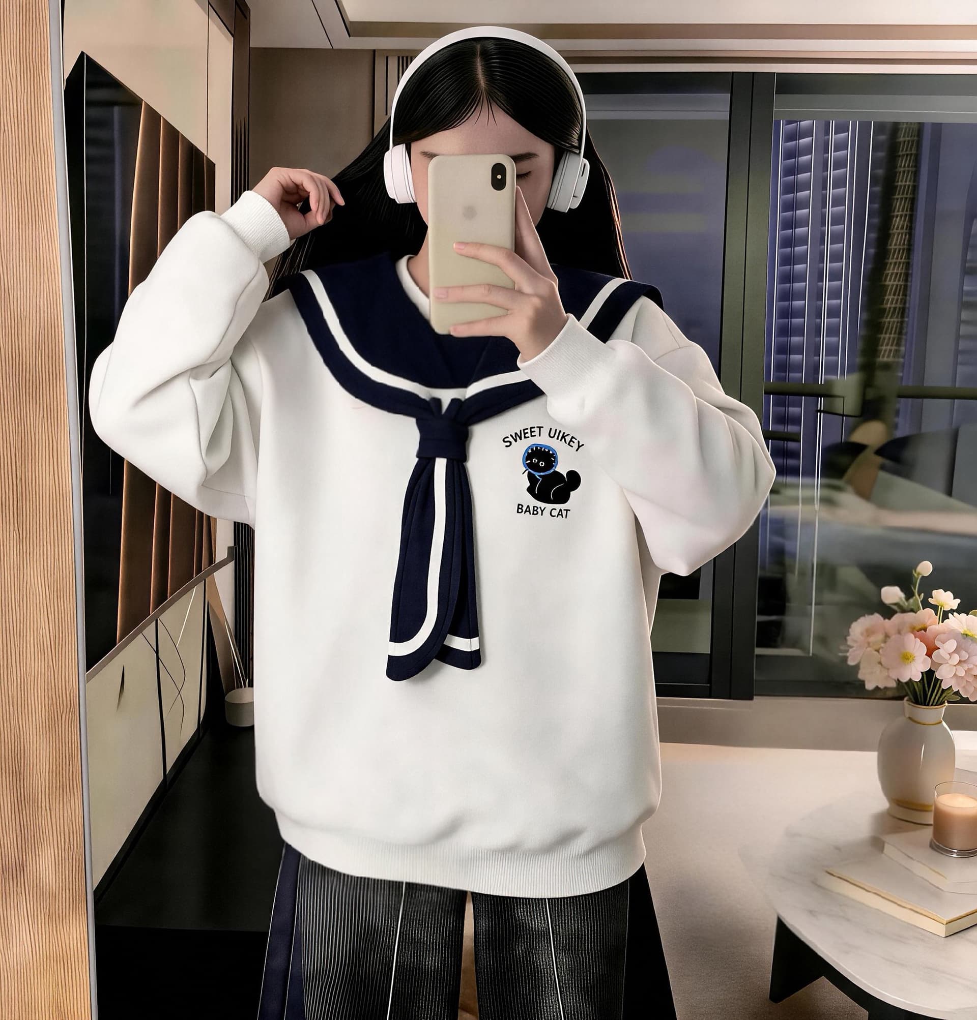 학원 스타일 해군 칼라 연령 감소 자수 고양이 후드티 여성 가을 한 부서 달콤함 우유 乖離 부드러운 자매 바람 긴팔 맨위 이미지 3