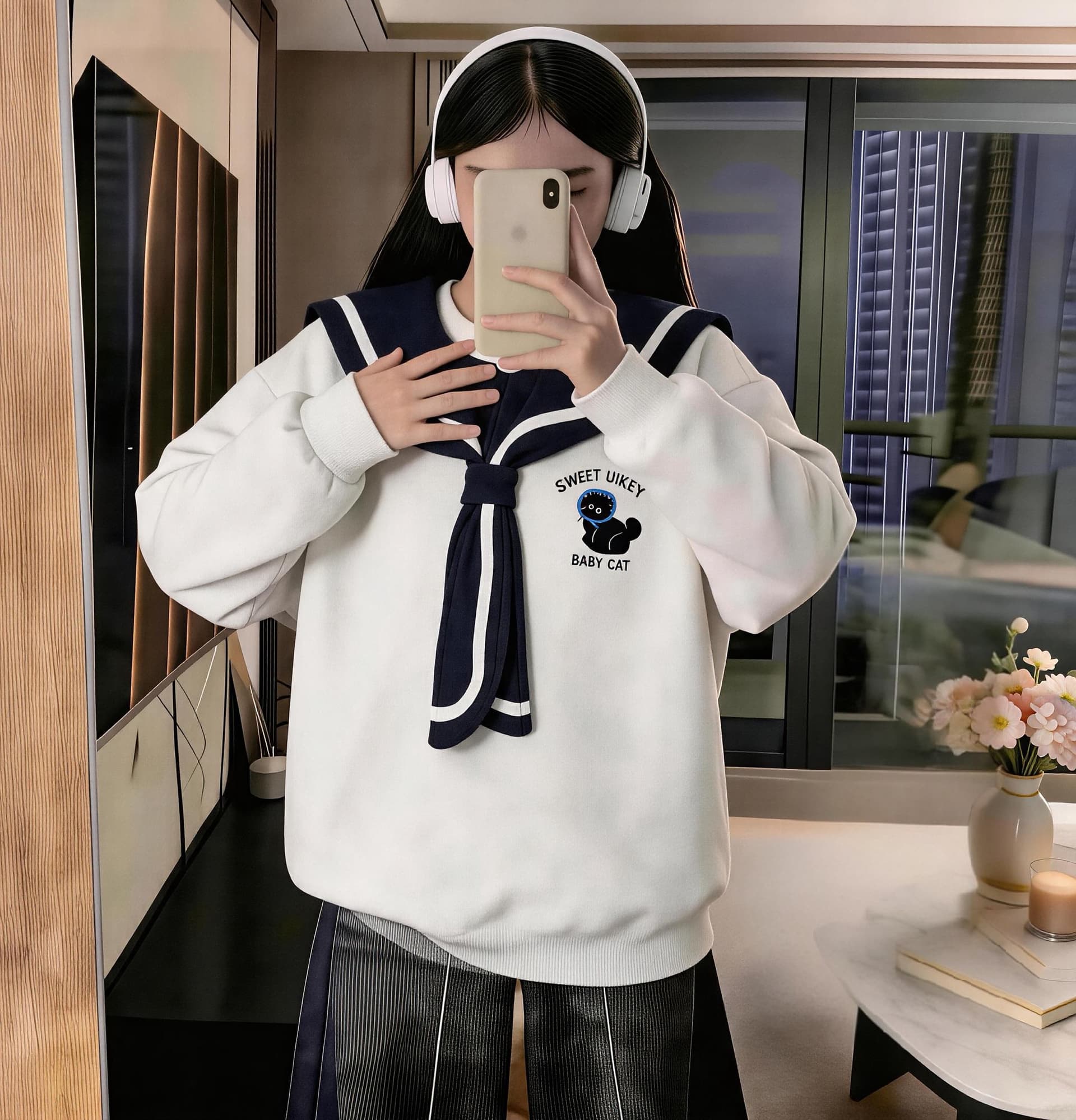 학원 스타일 해군 칼라 연령 감소 자수 고양이 후드티 여성 가을 한 부서 달콤함 우유 乖離 부드러운 자매 바람 긴팔 맨위 상세 이미지 9