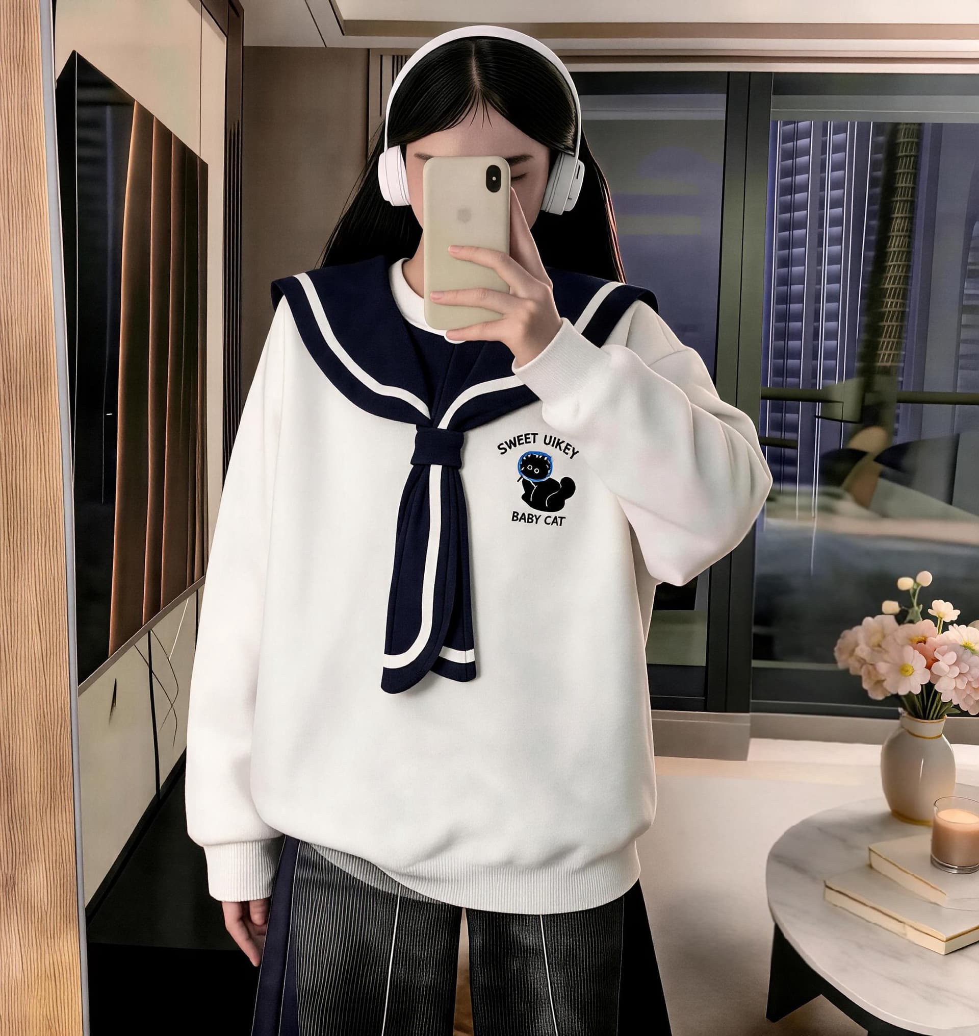 학원 스타일 해군 칼라 연령 감소 자수 고양이 후드티 여성 가을 한 부서 달콤함 우유 乖離 부드러운 자매 바람 긴팔 맨위 상세 이미지 11