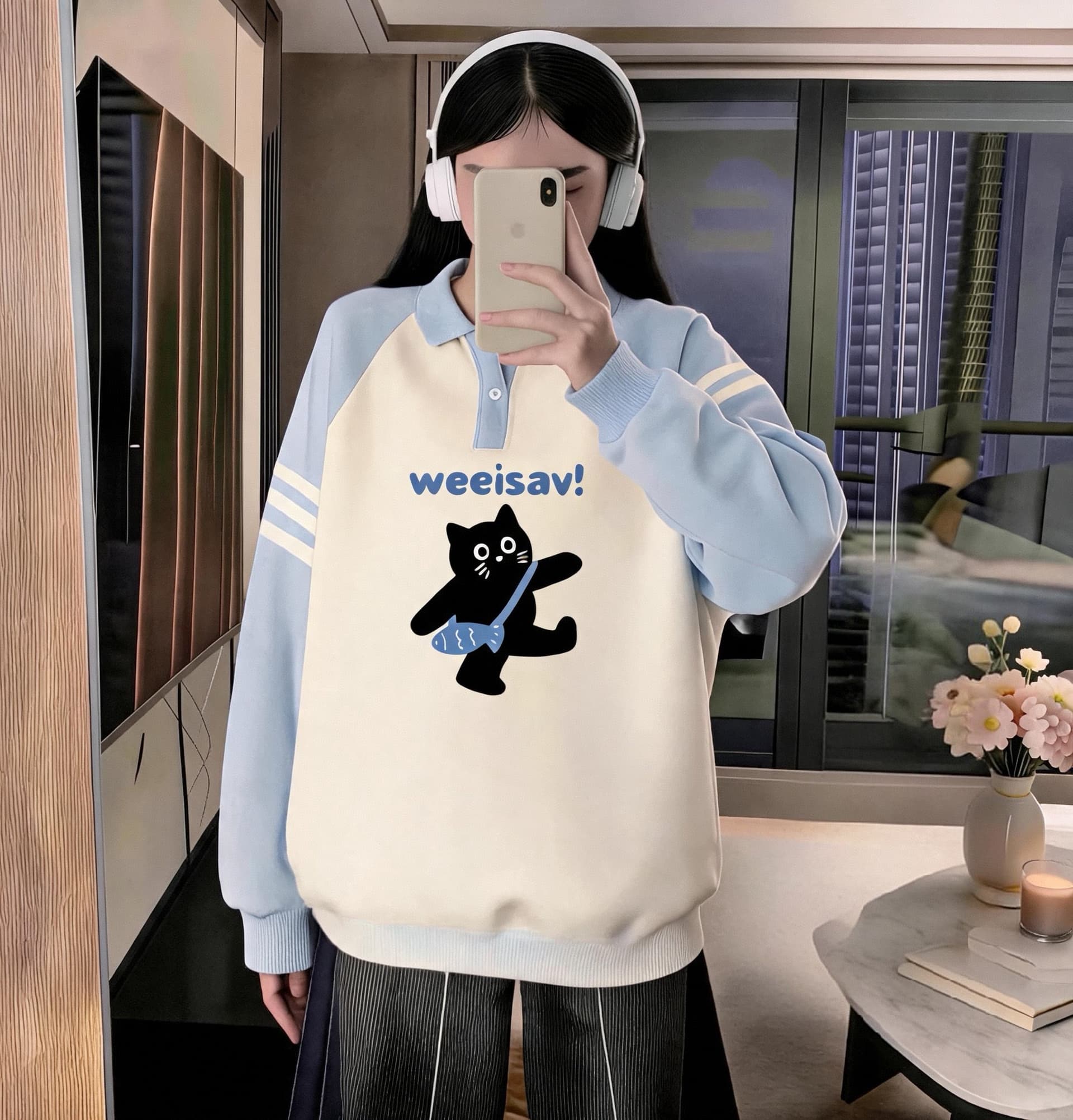 소녀 파란색 POLO 칼라 후드티 2026 새로운 봄 가을 중학교 고등학생 루즈핏 맨위 이미지 3