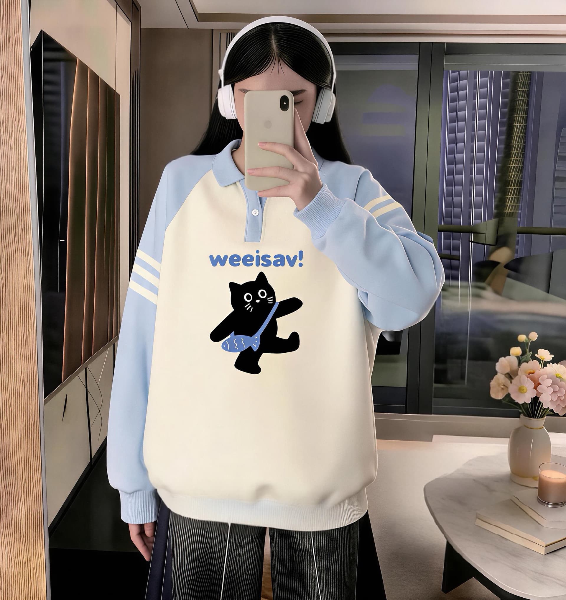 소녀 파란색 POLO 칼라 후드티 2026 새로운 봄 가을 중학교 고등학생 루즈핏 맨위 이미지 4