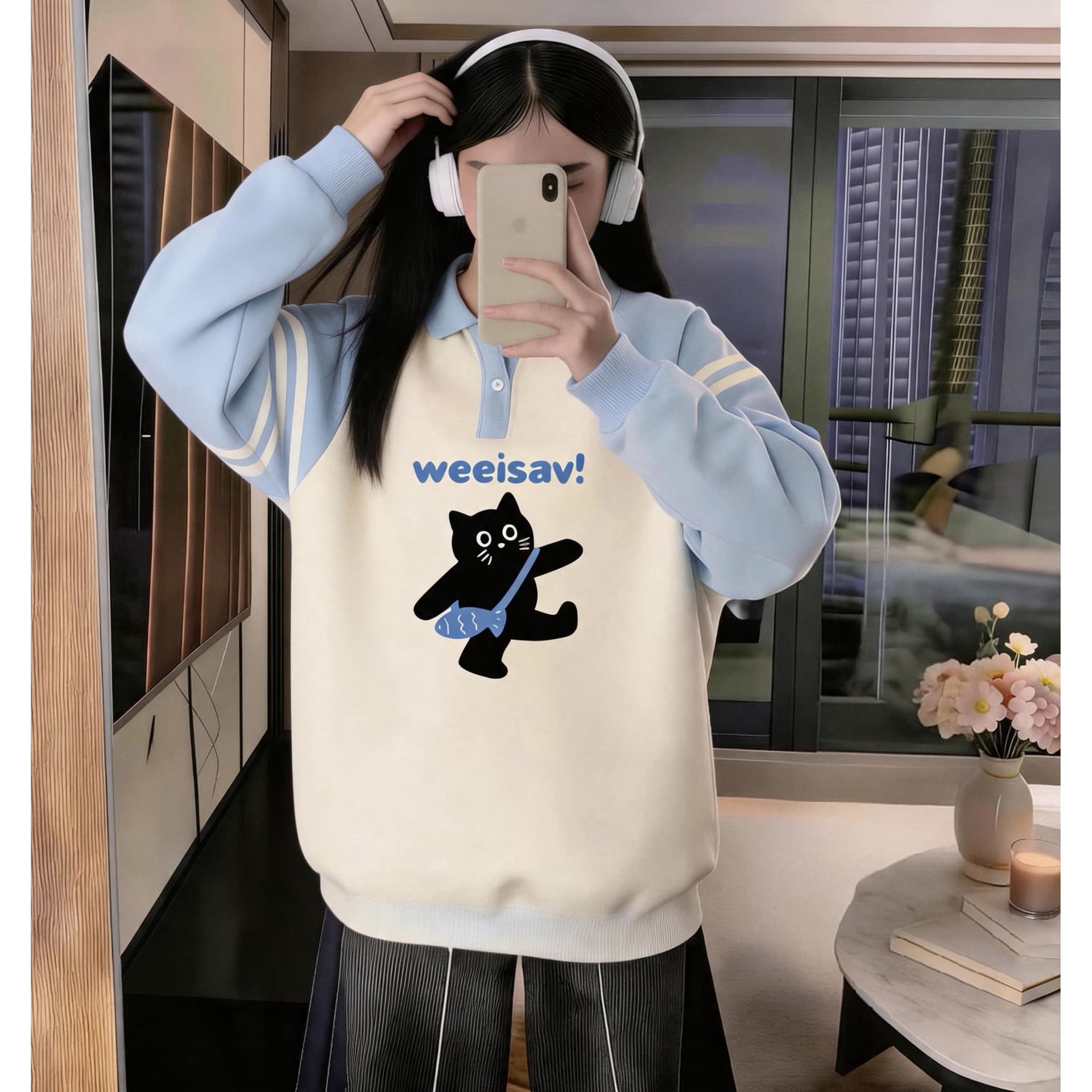 소녀 파란색 POLO 칼라 후드티 2026 새로운 봄 가을 중학교 고등학생 루즈핏 맨위 이미지 5