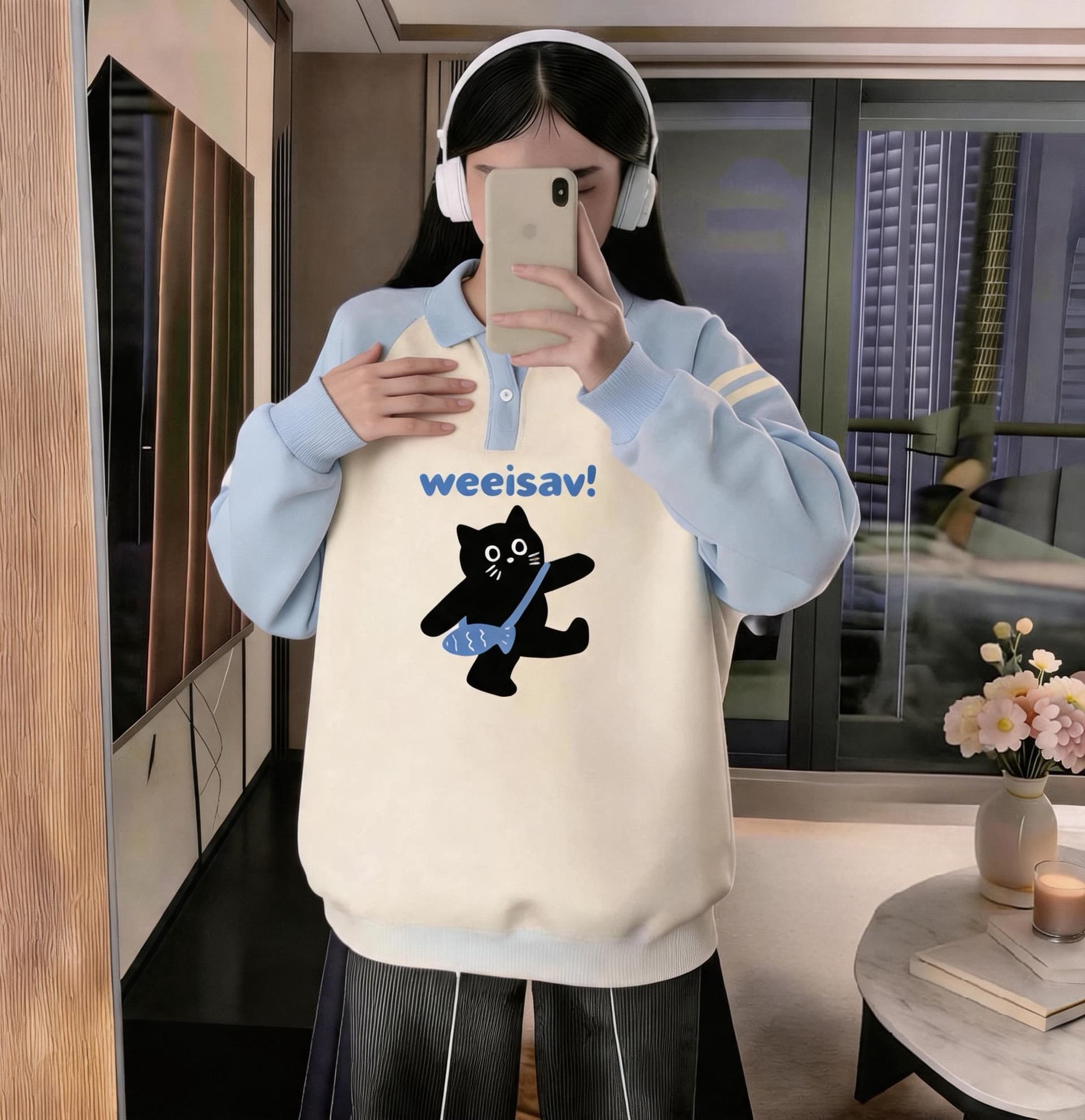 소녀 파란색 POLO 칼라 후드티 2026 새로운 봄 가을 중학교 고등학생 루즈핏 맨위 상세 이미지 4