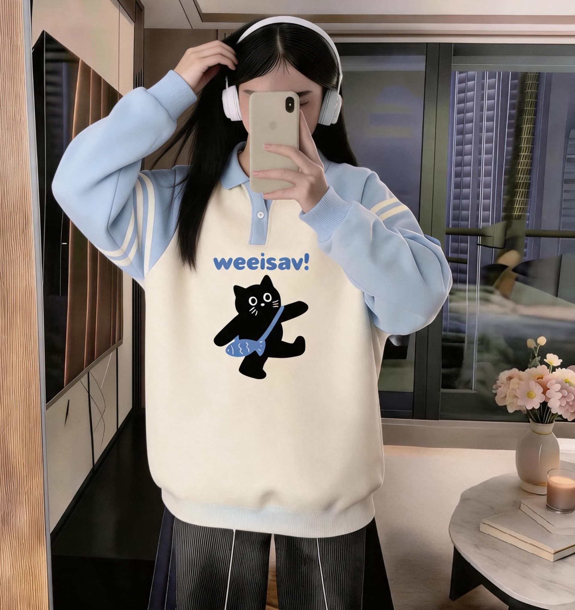 소녀 파란색 POLO 칼라 후드티 2026 새로운 봄 가을 중학교 고등학생 루즈핏 맨위 상세 이미지 8