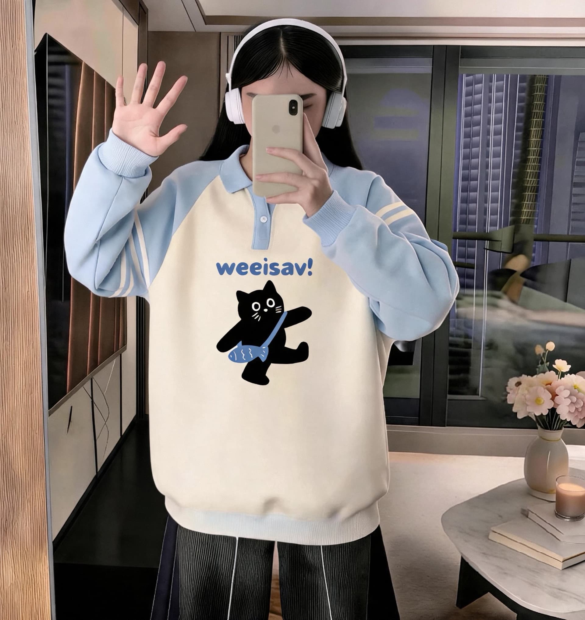 소녀 파란색 POLO 칼라 후드티 2026 새로운 봄 가을 중학교 고등학생 루즈핏 맨위 상세 이미지 10
