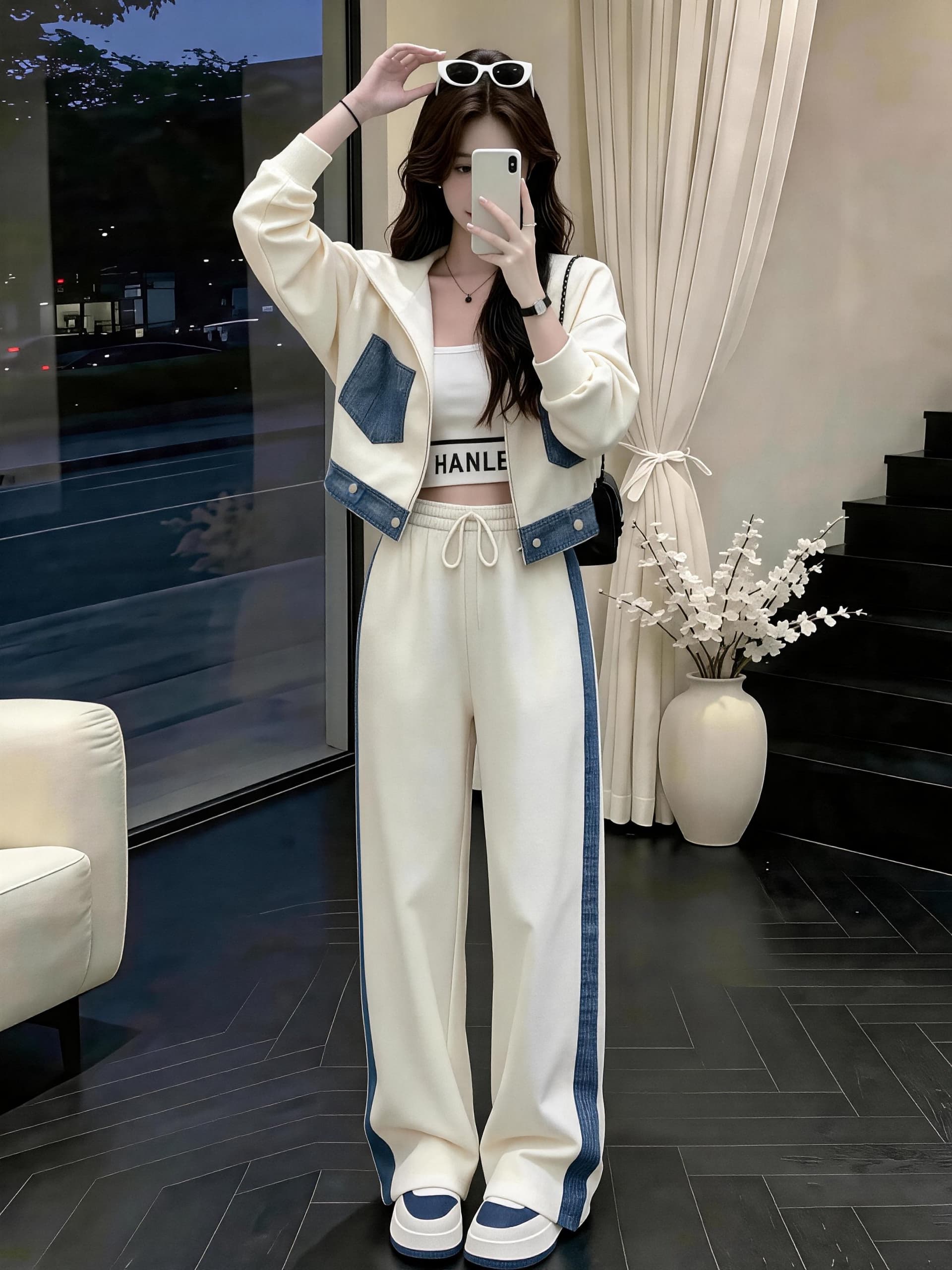 화이트 데님 패치워크 캐주얼 스포츠 슈트 여성 봄 가을 2026 새로운 투피스 세트 인기 연령 감소 학원 스타일 상세 이미지 4