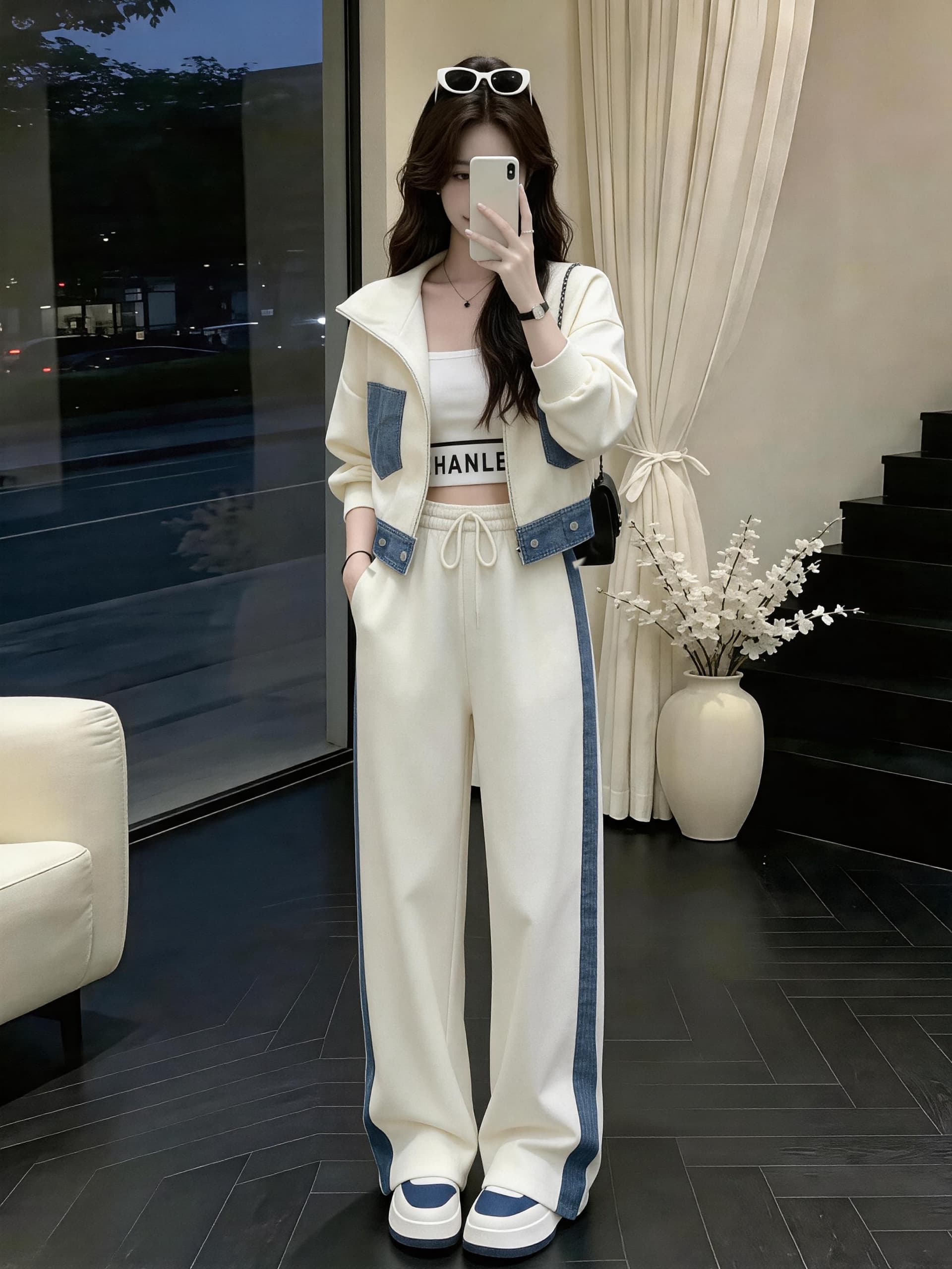 화이트 데님 패치워크 캐주얼 스포츠 슈트 여성 봄 가을 2026 새로운 투피스 세트 인기 연령 감소 학원 스타일 상세 이미지 5