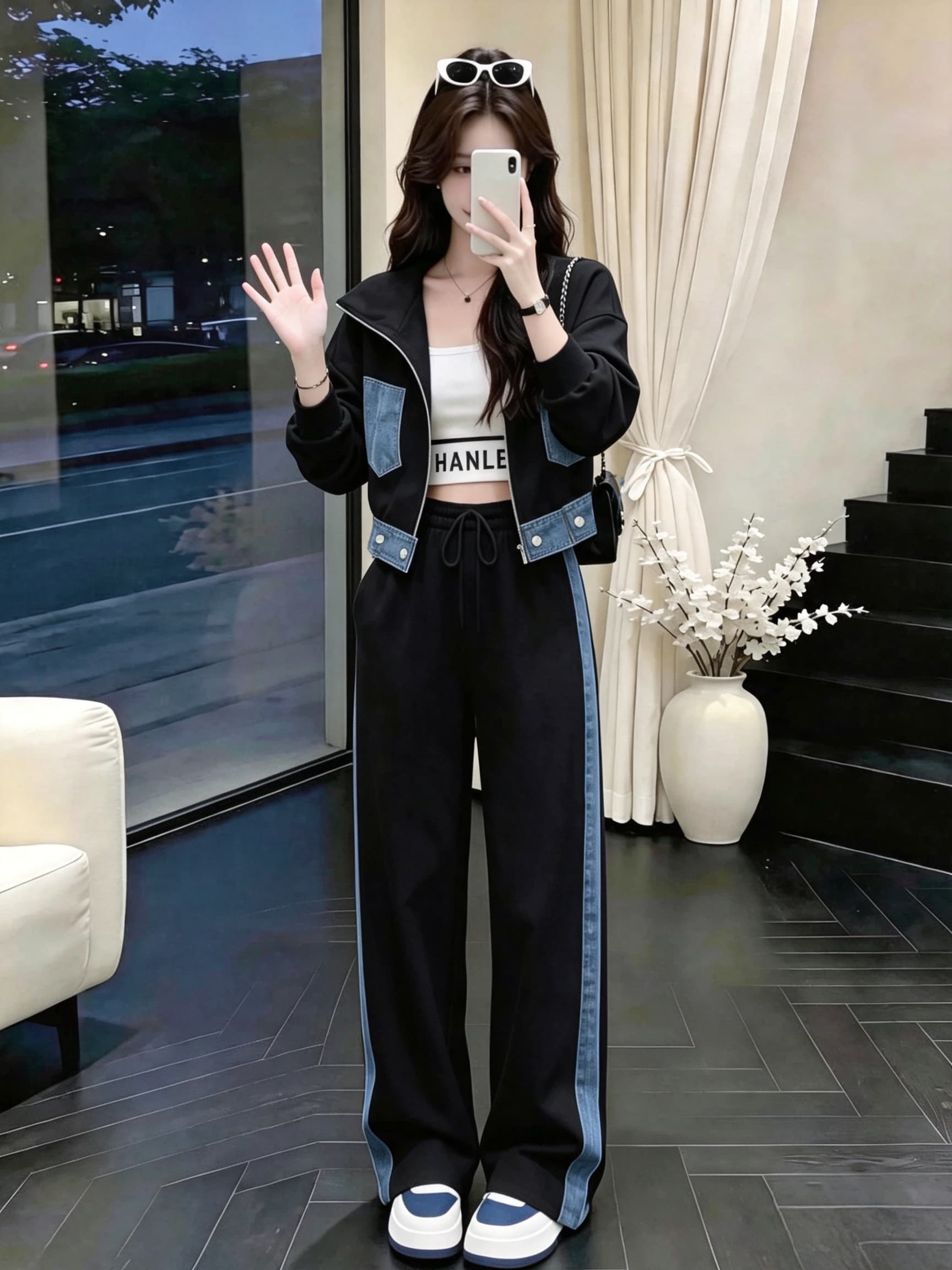 화이트 데님 패치워크 캐주얼 스포츠 슈트 여성 봄 가을 2026 새로운 투피스 세트 인기 연령 감소 학원 스타일 상세 이미지 8