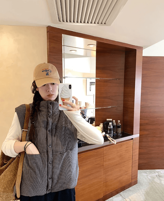실사 2026 가을 겨울철 한 부서 빨간색 체크무늬 다운 코트 조끼 여자 조끼 외출용 빵 목화 진딧물 재킷 상세 이미지 14