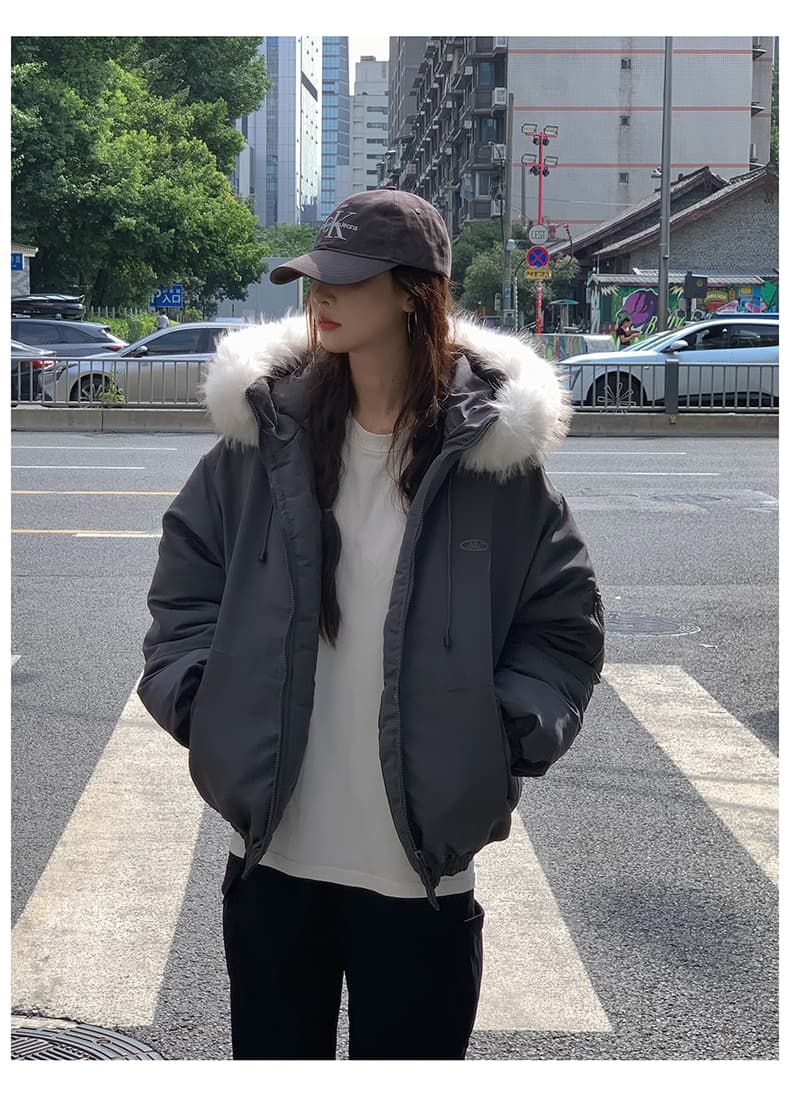 실사 커플 큰 모피 칼라 Parker 아래 면화 의류 여성 2025 새로운 겨울 보온 두꺼운 워크웨어 목화 진딧물 재킷 상세 이미지 32