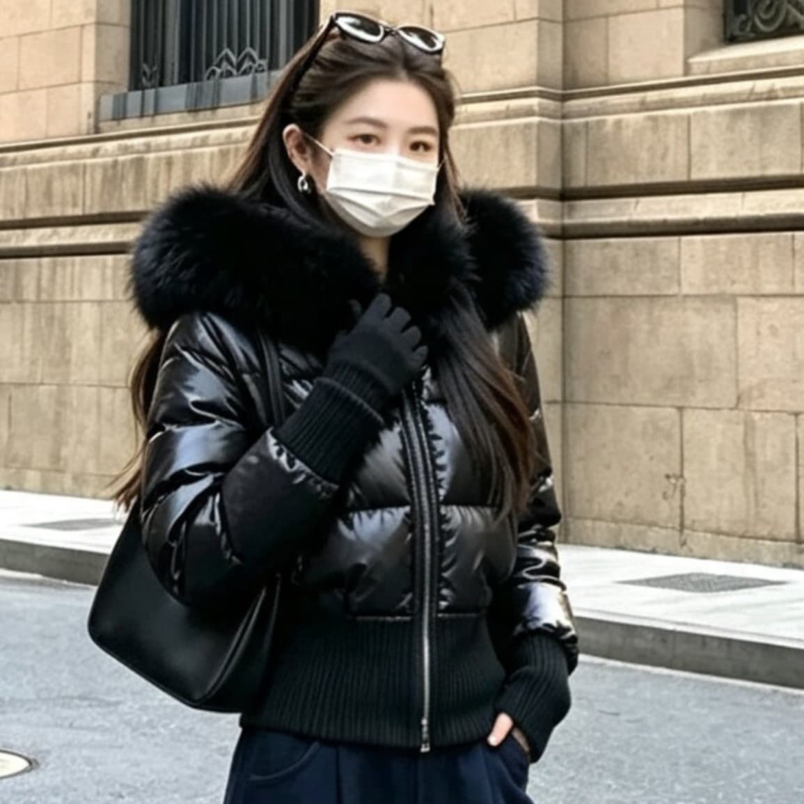 실사 한 부서 네리 털이 있는 방수 가죽 표면 허리 수축 패딩 재킷 다운 코트 겨울 재킷 두꺼움 목화 진딧물 면 의류 이미지 5