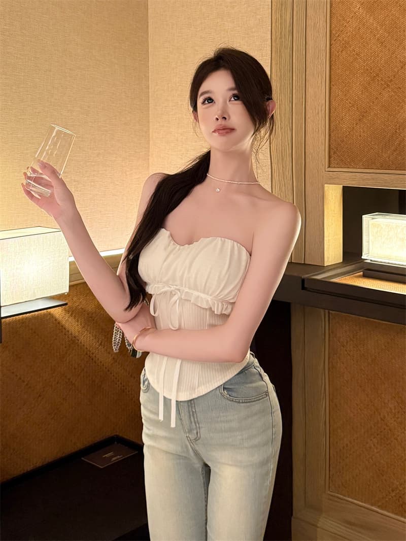 실사 순수한 욕망 바람 달콤함 몸매 가꾸기 슬림해 보이는 나비 넥타이 튜브탑 조끼 맨위 있음 가슴 패드 상세 이미지 16