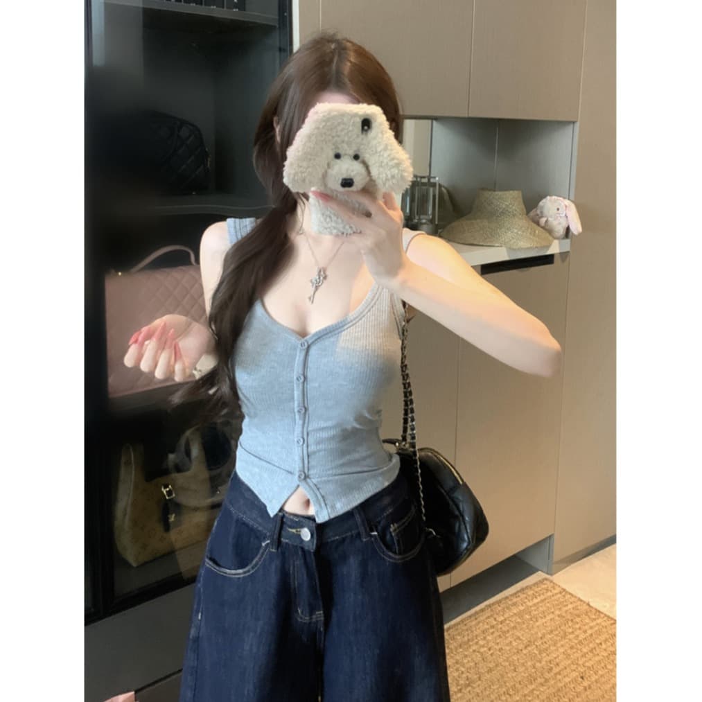 실사 다용도 섹시함 V넥 싱글 줄 버튼 조끼 벨트 가슴 패드 캐미솔 이미지 5