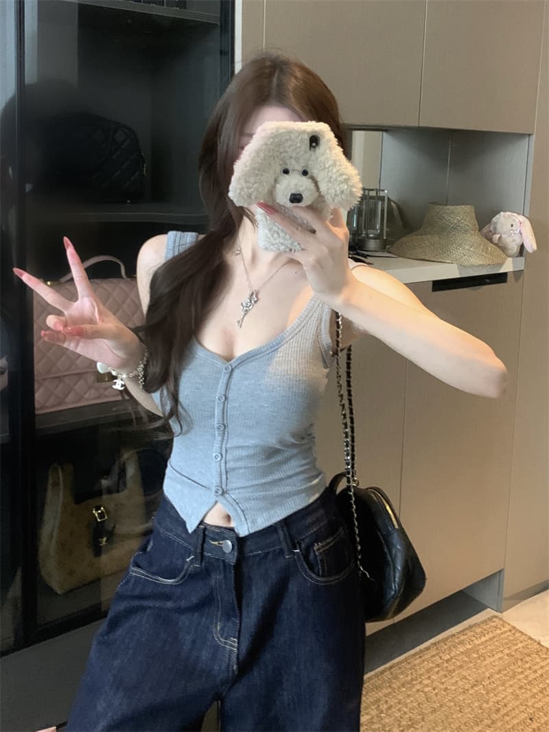 실사 다용도 섹시함 V넥 싱글 줄 버튼 조끼 벨트 가슴 패드 캐미솔 상세 이미지 4