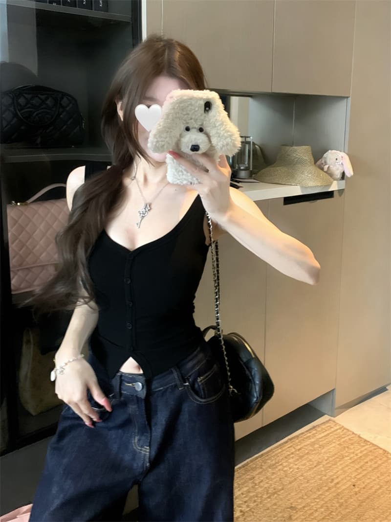 실사 다용도 섹시함 V넥 싱글 줄 버튼 조끼 벨트 가슴 패드 캐미솔 상세 이미지 10