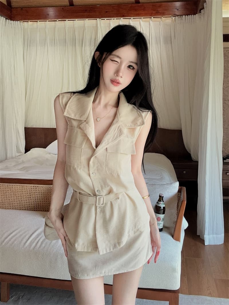 실사 면 린넨 살구 색상 워크웨어 폴로 칼라 민소매 셔츠 품격 타이트 스커트 미니 스커트 투피스 세트 벨트 벨트 상세 이미지 1