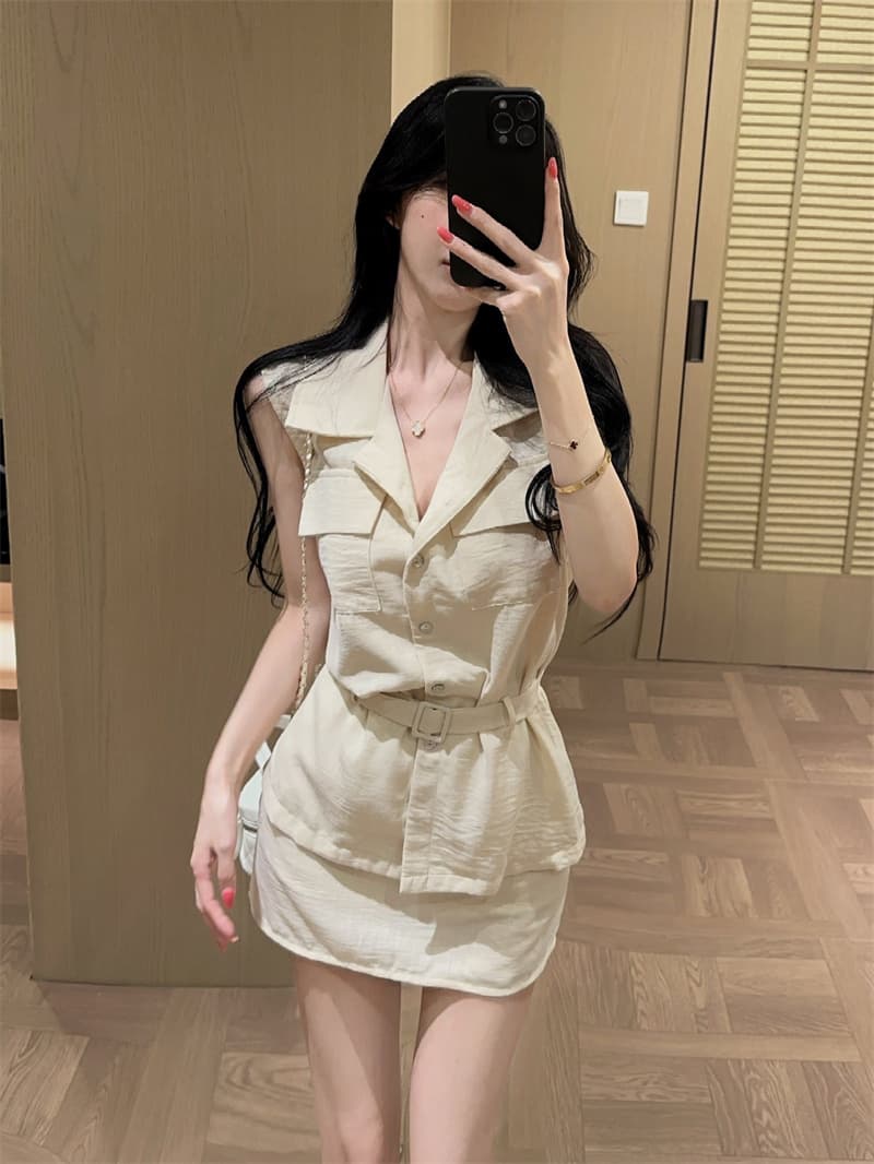 실사 면 린넨 살구 색상 워크웨어 폴로 칼라 민소매 셔츠 품격 타이트 스커트 미니 스커트 투피스 세트 벨트 벨트 상세 이미지 5