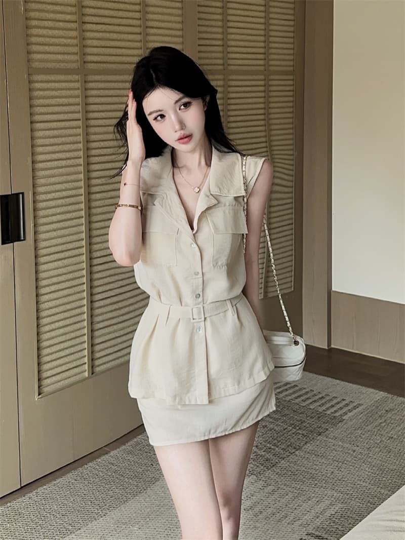 실사 면 린넨 살구 색상 워크웨어 폴로 칼라 민소매 셔츠 품격 타이트 스커트 미니 스커트 투피스 세트 벨트 벨트 상세 이미지 6