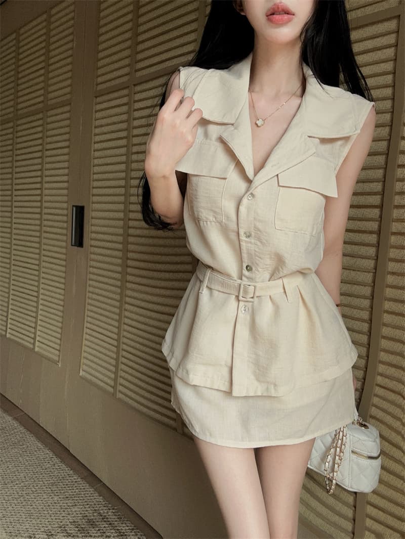 실사 면 린넨 살구 색상 워크웨어 폴로 칼라 민소매 셔츠 품격 타이트 스커트 미니 스커트 투피스 세트 벨트 벨트 상세 이미지 7