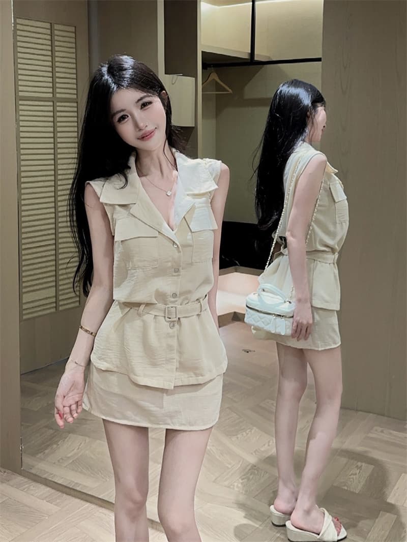실사 면 린넨 살구 색상 워크웨어 폴로 칼라 민소매 셔츠 품격 타이트 스커트 미니 스커트 투피스 세트 벨트 벨트 상세 이미지 11
