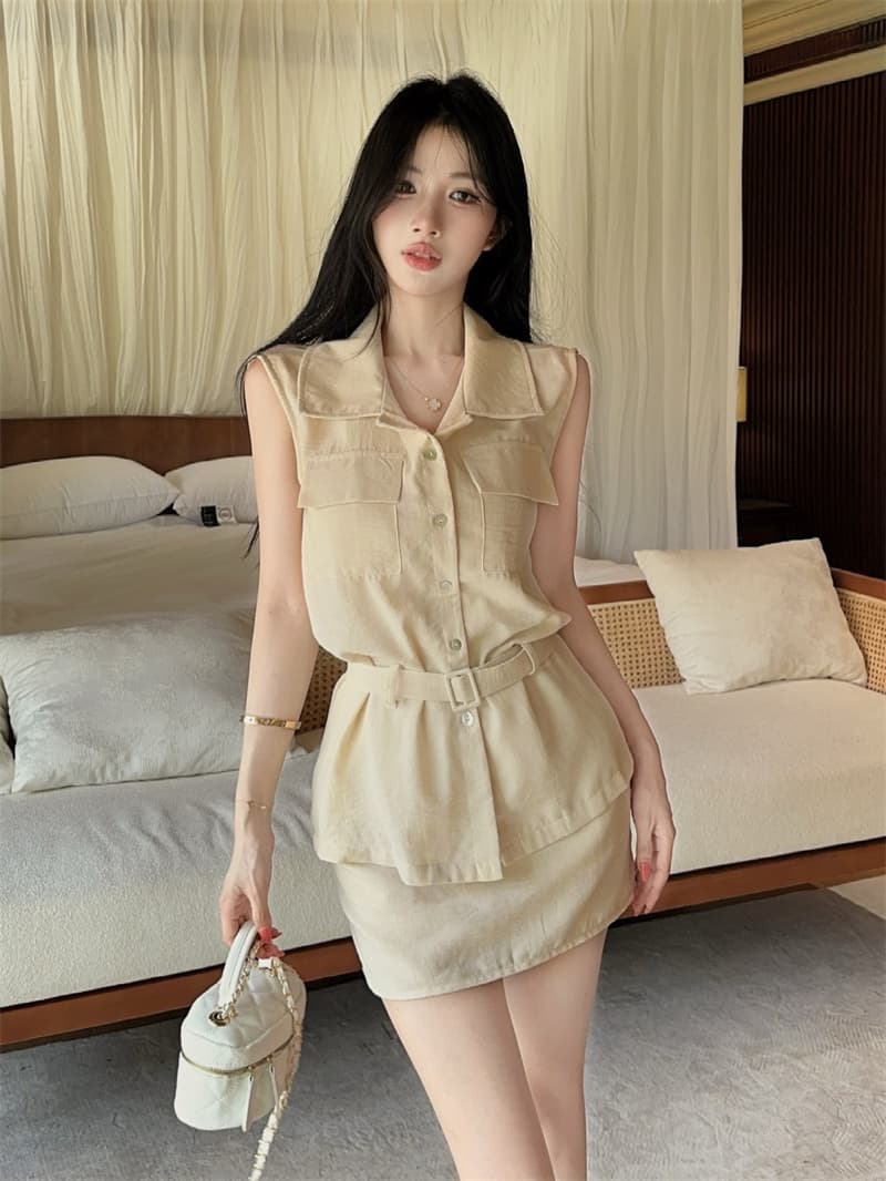 실사 면 린넨 살구 색상 워크웨어 폴로 칼라 민소매 셔츠 품격 타이트 스커트 미니 스커트 투피스 세트 벨트 벨트 상세 이미지 12